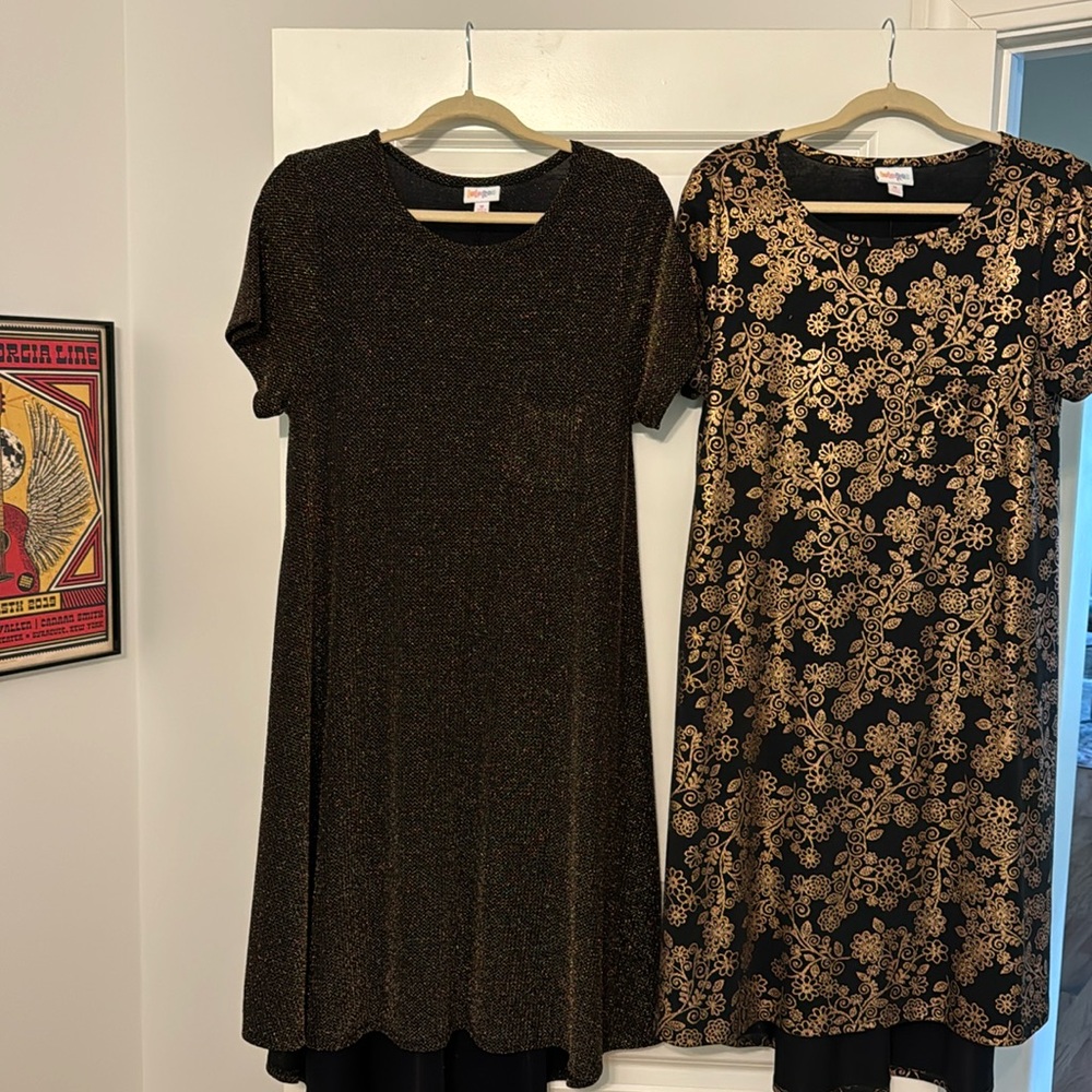 HOLIDAY dresses, 2 in ex cond, one in copper on black,other black w/sparkles